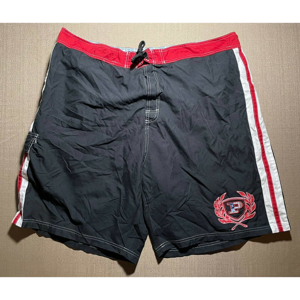 Phat Farm Men’s Size 3X Swim Shorts Red Black Striped Plaid Inside Drawstring